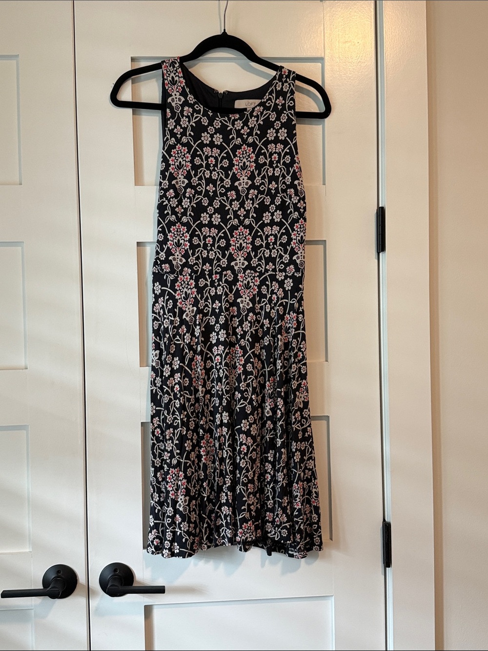 LOFT Black Sleeveless Midi Dress with Pink Floral Print